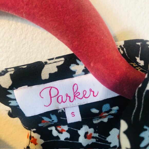 Parker Mini Dress with Flare Sleeves & Floral Neck Collar Black Size S - Picture 8 of 11